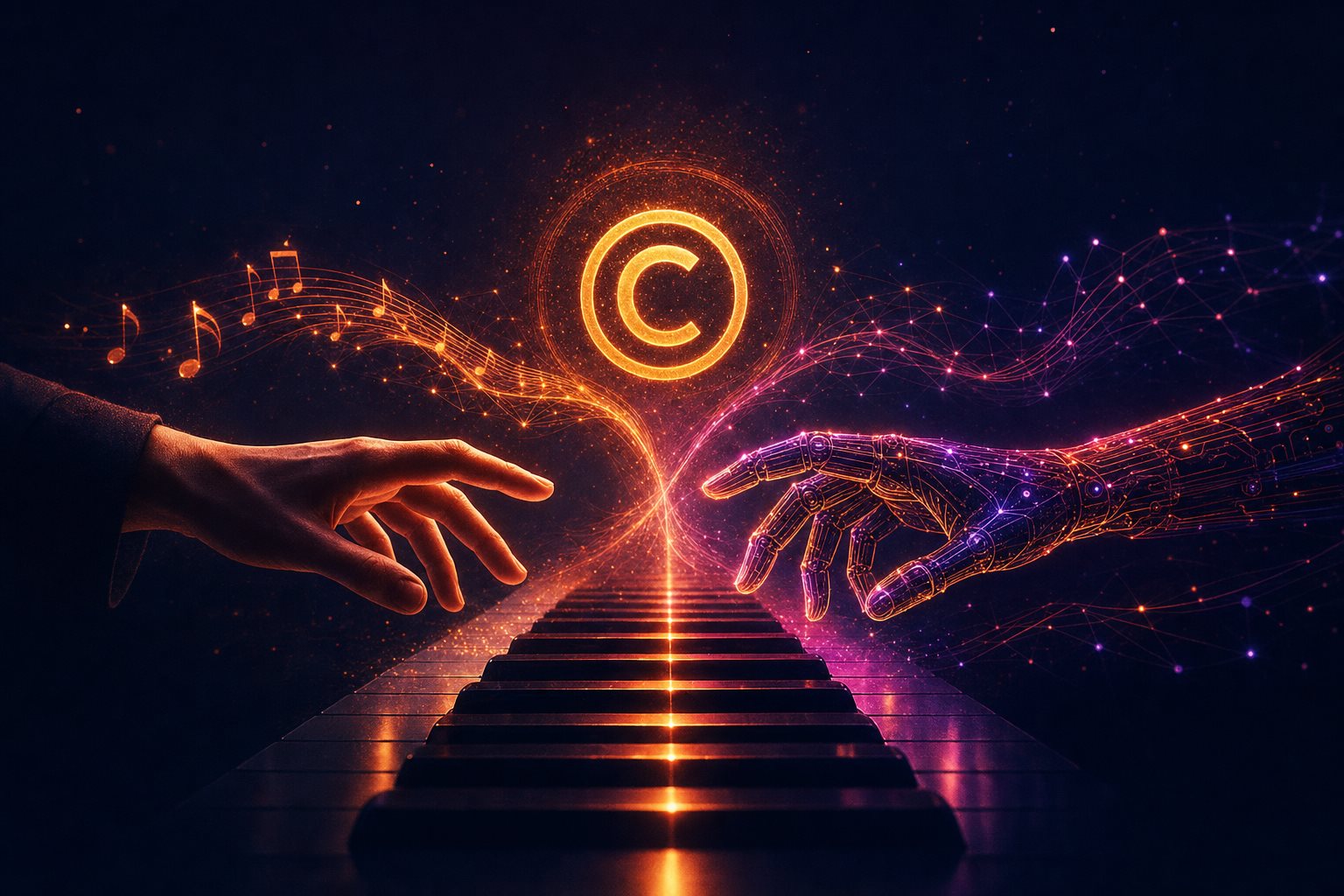 A human hand and an AI circuit hand meeting at a piano keyboard